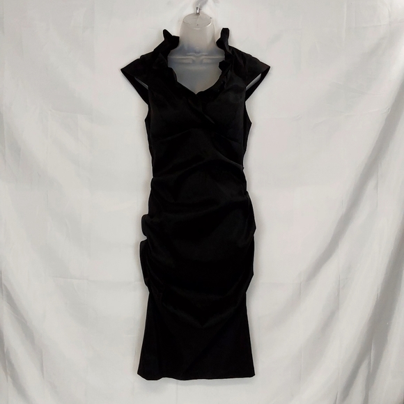 Xscape by Joanna Chen Black Ruched Cocktail Dress Ruffles - Picture 2 of 11